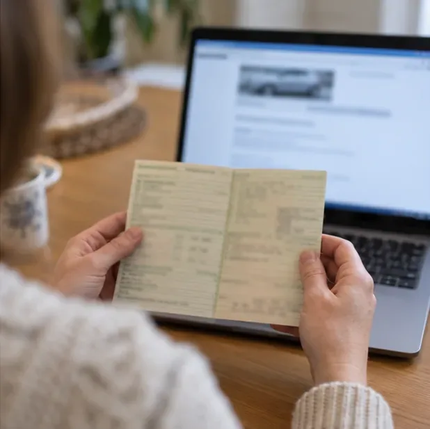 Hände halten ein grünliches, unleserliches Fahrzeugdokument vor einem geöffneten Laptop