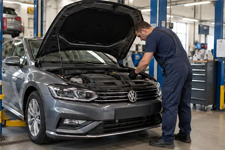 Mechaniker prüft einen Volkswagen in einer hellen Werkstatt bei geöffneter Motorhaube