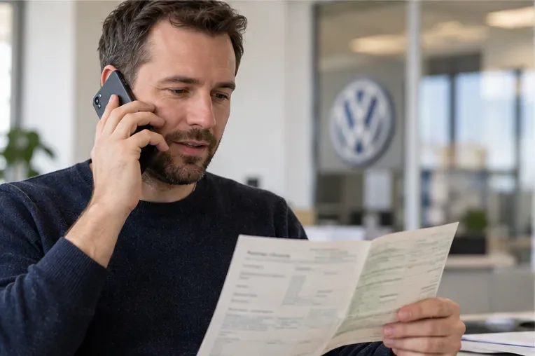 Fahrzeughalter telefoniert mit Unterlagen in der Hand, um einen Werkstatttermin zu klären