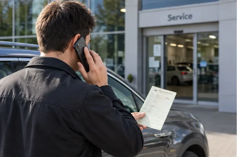 Ein Fahrzeughalter telefoniert vor dem Service-Eingang eines Autohauses und hält seine Fahrzeugunterlagen in der Hand.