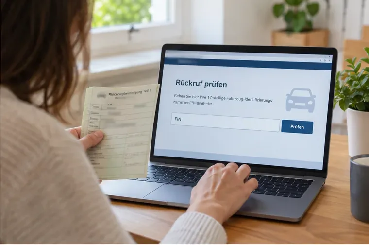 Eine Person hält die Zulassungsbescheinigung vor einen Laptop mit einem Formular zur Eingabe der FIN für eine Rückrufprüfung.