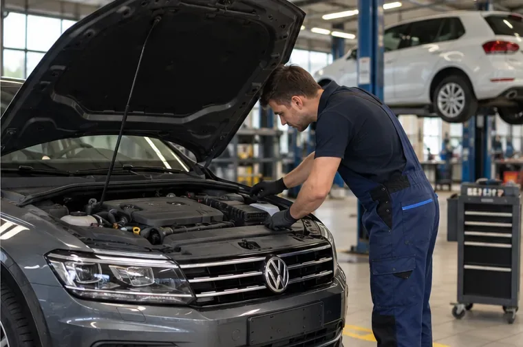 Ein Mechaniker untersucht einen Volkswagen mit geöffneter Motorhaube in einer hellen Werkstatt.