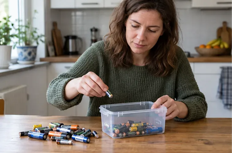 Een bewoner verzamelt gebruikte AA- en AAA-batterijen in een bakje op de keukentafel.