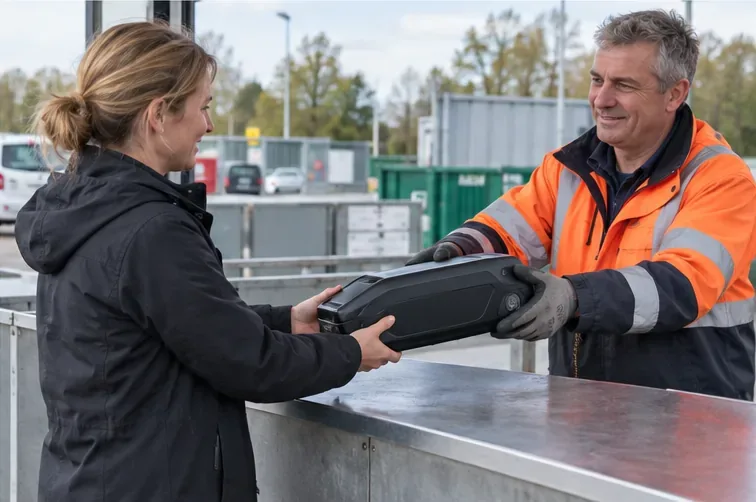 Een bezoeker overhandigt een intacte fietsaccu aan een medewerker bij een gemeentelijk afvalbrengstation.