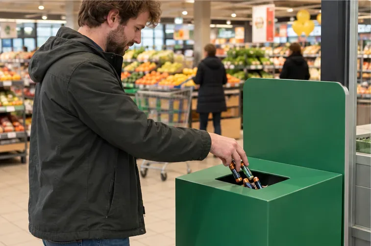 Een bezoeker laat losse batterijen in een herkenbare inzamelbox bij een supermarktopening zakken.