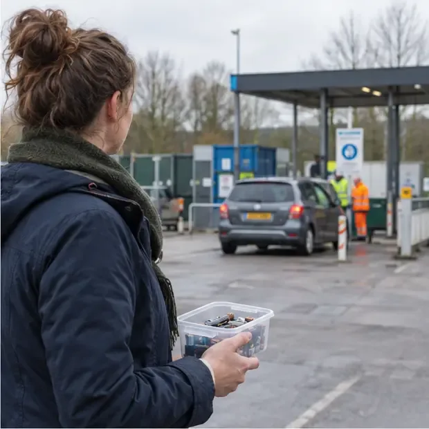 Een bezoeker houdt een doorzichtige bak met gesorteerde batterijen vast bij de ingang van een recyclingperron