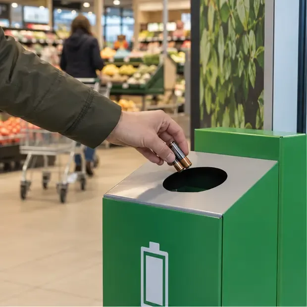 Een hand brengt losse huishoudbatterijen naar een batterij-inzamelbak in een supermarkt