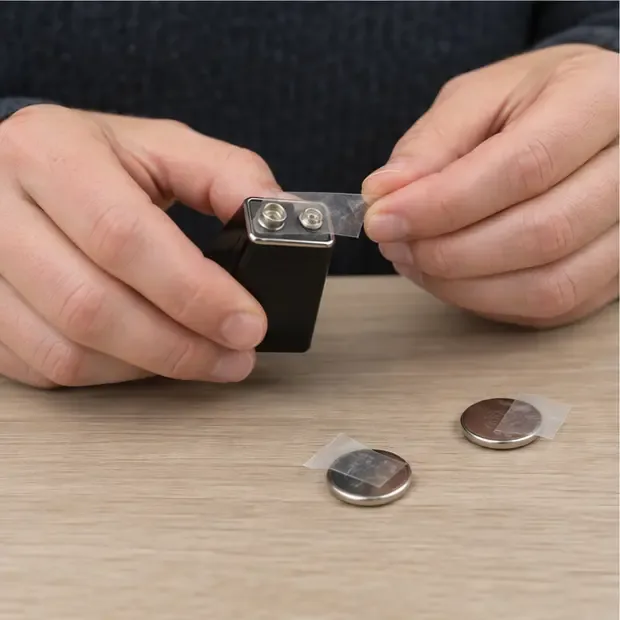 Handen bedekken de metalen polen van een 9V-batterij en knoopcellen met tape