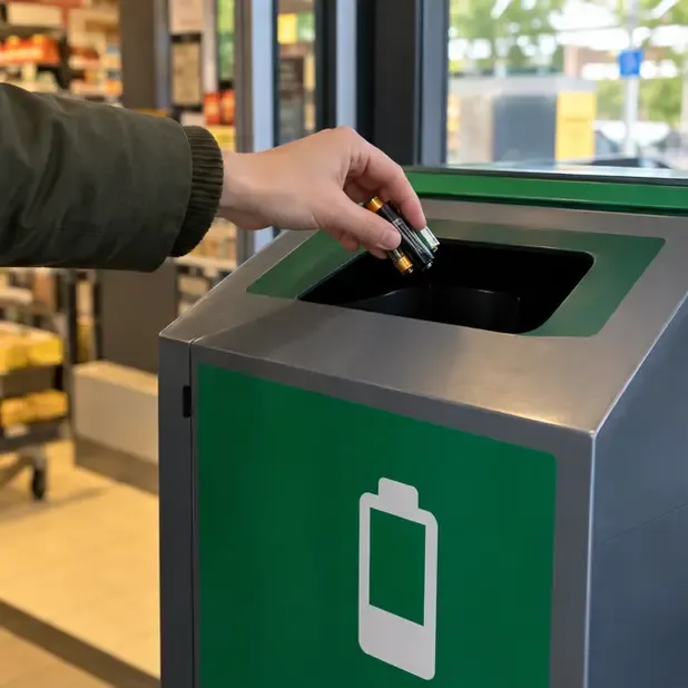 Een hand brengt meerdere gewone batterijen naar een speciale inzamelbak bij een winkel