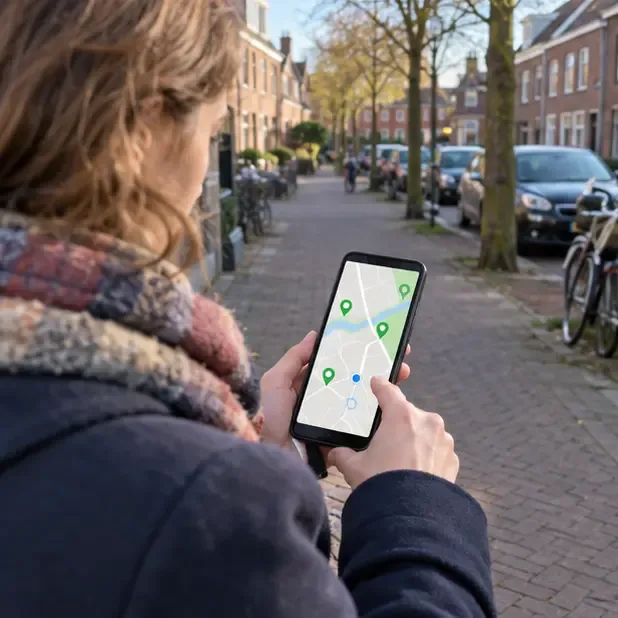 Een inwoner bekijkt op een smartphone een kaart met meerdere mogelijke inzamelpunten in een Nederlandse woonstraat