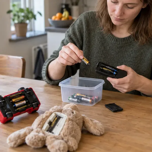 Een inwoner haalt een lege batterij uit een apparaat en verzamelt batterijen in een plastic bakje