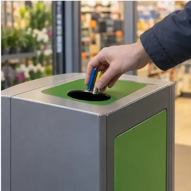 Hand die intacte batterijen in een aangewezen inzamelbak in een winkel laat vallen
