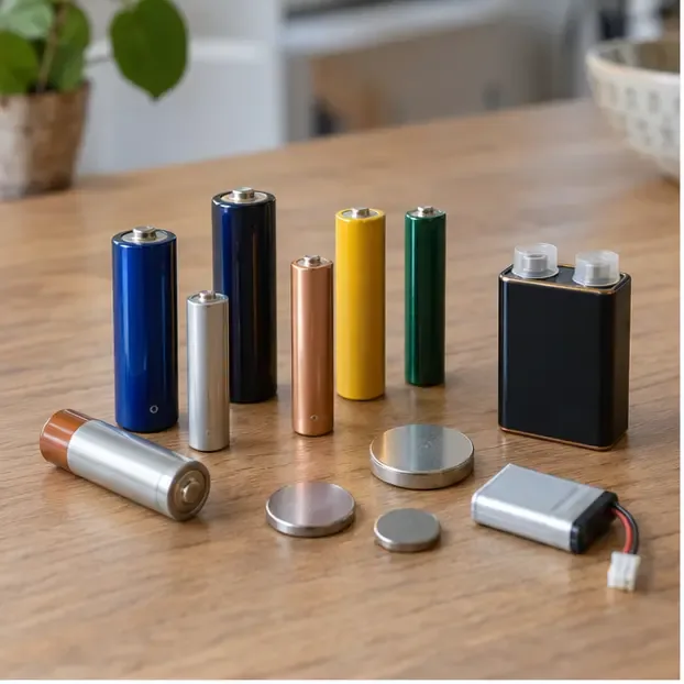 Verschillende intacte AA-, AAA-, knoopcel- en oplaadbare batterijen op een houten tafel