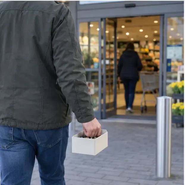 Persoon die een doosje met batterijen naar een supermarkt brengt