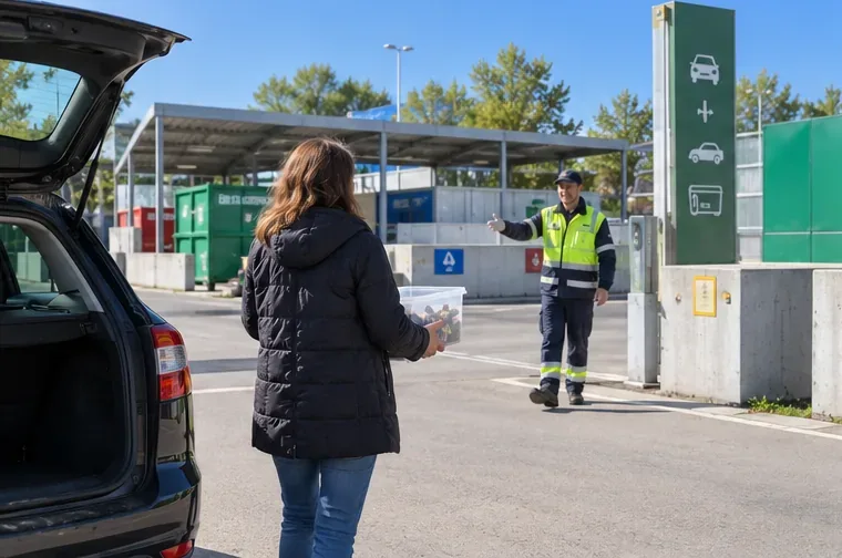 Een inwoner brengt een doorzichtige bak met gebruikte batterijen naar een bemande milieustraat
