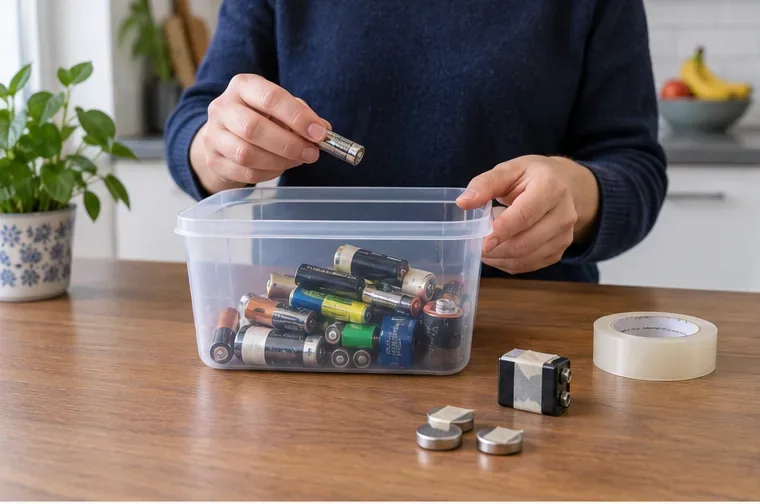 Een persoon verzamelt lege AA-, AAA- en knoopcelbatterijen in een doorzichtige kunststof bak op tafel