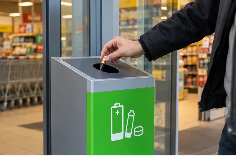 Een hand laat een kleine batterij vallen in een groene inzamelbak voor batterijen bij een winkel