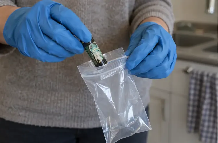 Een persoon met beschermende handschoenen verpakt een beschadigde batterij afzonderlijk in een plastic zakje