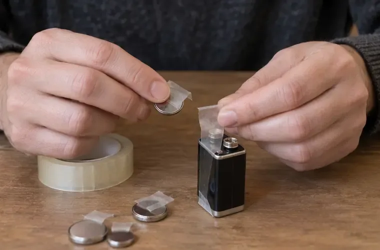 Een persoon plakt de polen van een knoopcel en een 9V-batterij af met tape