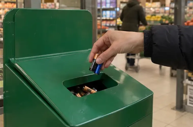 Een hand brengt twee gebruikte batterijen naar een groene inzamelbak in een supermarkt