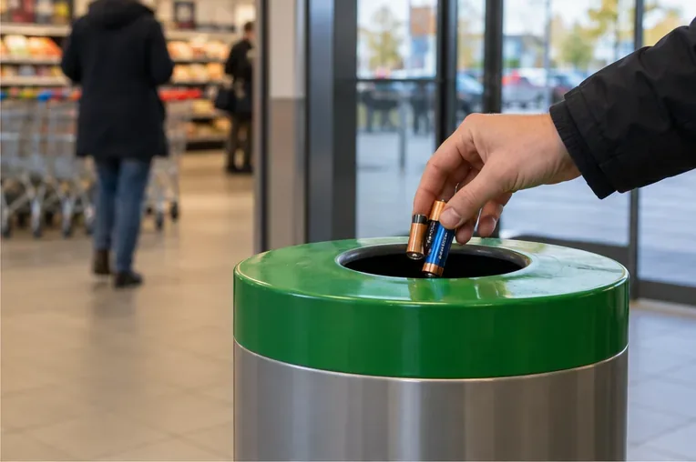Een hand laat twee lege huishoudelijke batterijen in een speciale inzamelopening in een supermarkt vallen