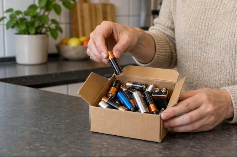 Een persoon verzamelt lege AA-, AAA- en 9V-batterijen in een stevige kartonnen doos thuis