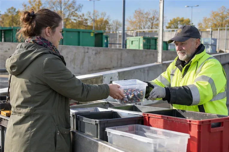 Een bezoeker geeft een transparante bak met gebruikte batterijen aan een medewerker op een gemeentelijk recyclingterrein