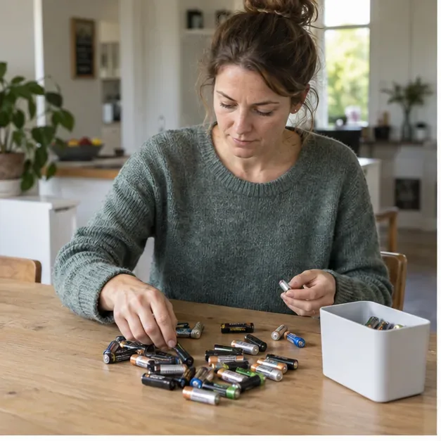 Een vrouw sorteert losse AA-, AAA- en oplaadbare batterijen naast een eenvoudige inzameldoos op tafel