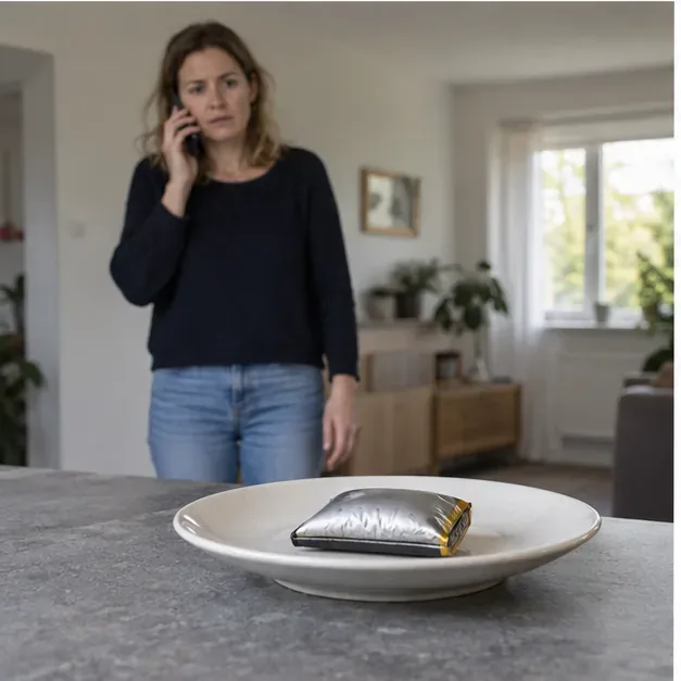Een opgezwollen lithiumbatterij ligt alleen op een keramisch bord terwijl een vrouw op afstand telefoneert
