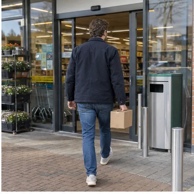 Een man loopt met een gesloten doosje gebruikte batterijen naar een algemene winkelingang met een inzamelpunt buiten