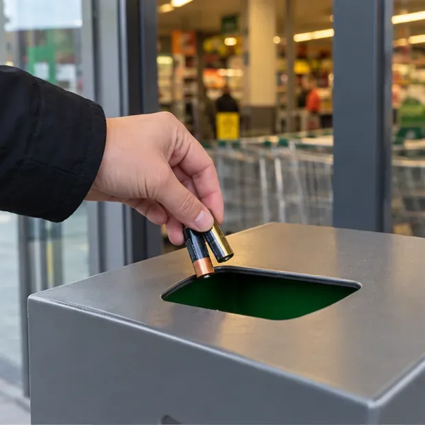 Iemand levert twee losse AA-batterijen in via een inzamelopening in een winkel