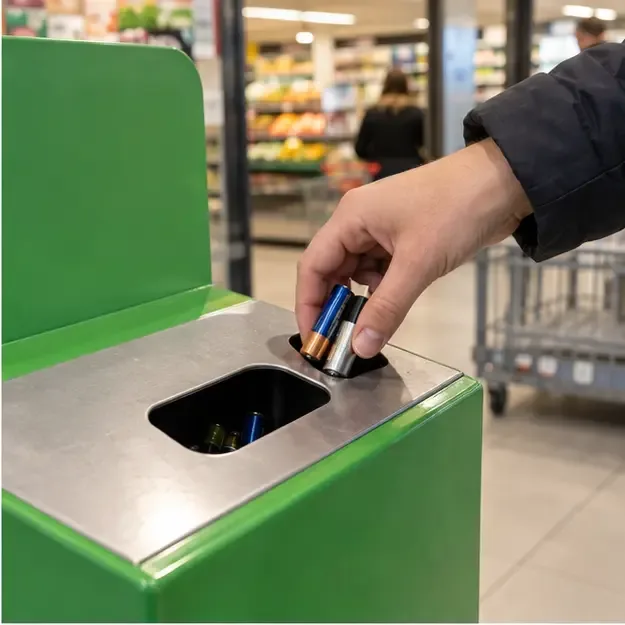 Een hand brengt gewone batterijen naar een groene inzamelbak in een supermarkt