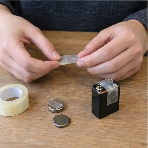 Handen plakken de contactzijde van een knoopcel af met transparante tape naast een 9-voltbatterij
