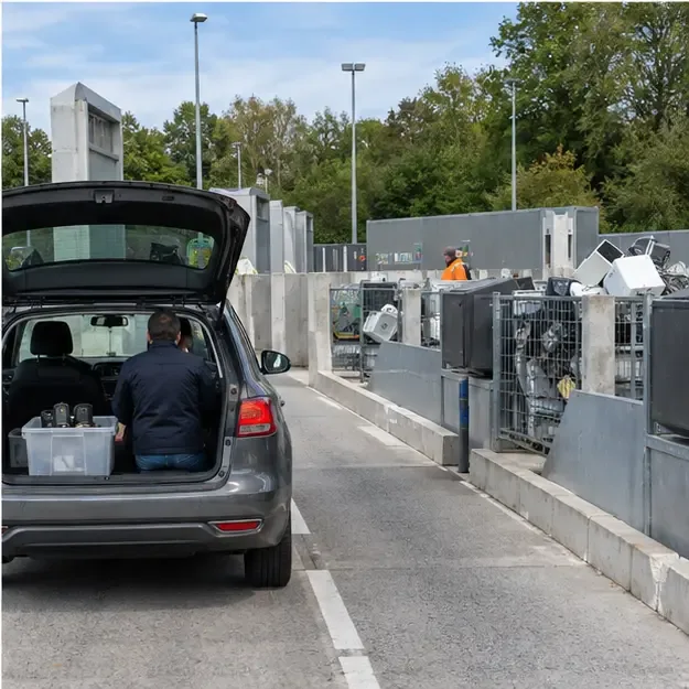 Een auto staat bij een Nederlands milieupark met een plastic bak met kleine batterijen in de laadruimte