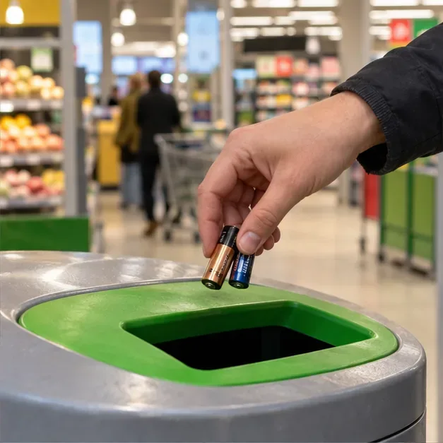 Een hand houdt twee gebruikte batterijen boven een inzamelopening in een winkel