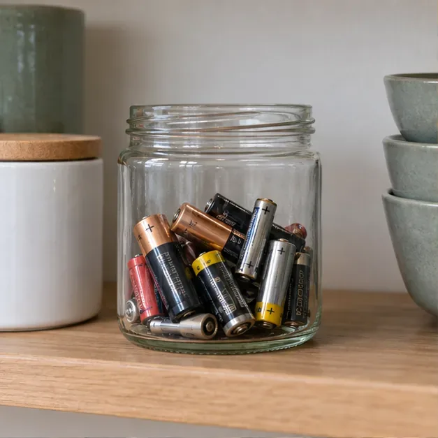 Een glazen pot met gebruikte AA- en AAA-batterijen op een plank thuis