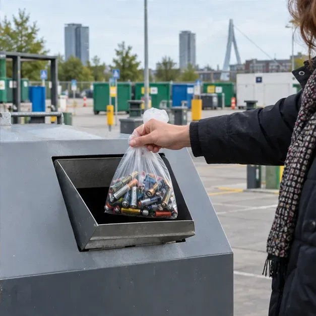 Een bezoeker brengt een zakje gebruikte batterijen naar een inzamelopening op een gemeentelijk terrein