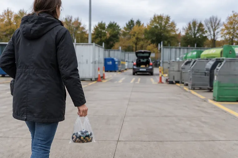 Een inwoner loopt met een zak gebruikte batterijen naar een afvalscheidingsstation