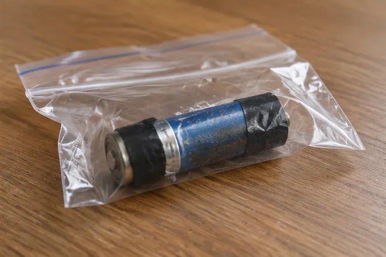 Een beschadigde cilindervormige batterij is apart verpakt in een transparant zakje en de contactpunten zijn afgeplakt