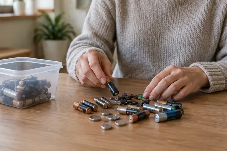 Iemand sorteert thuis lege AA-, AAA- en knoopcelbatterijen voordat ze naar een inzamelpunt in Utrecht worden gebracht