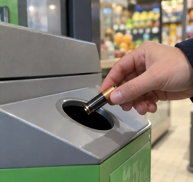 Een losse AA-batterij wordt met de hand boven de opening van een batterij-inzamelbak in een winkel gehouden