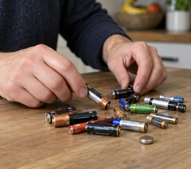 Handen sorteren losse AA- en AAA-batterijen en een kleine knoopcel op een houten tafel