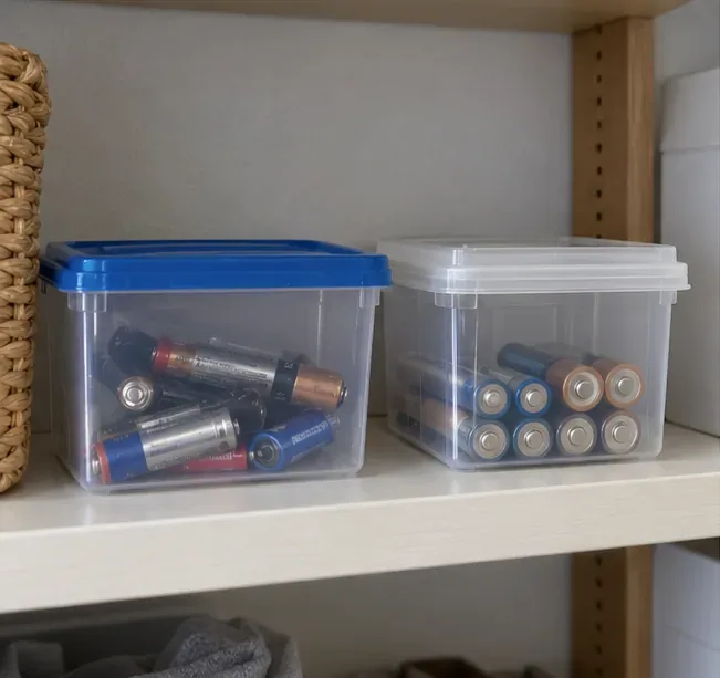 Twee kunststof bewaarbakjes met batterijen staan op een hoge plank