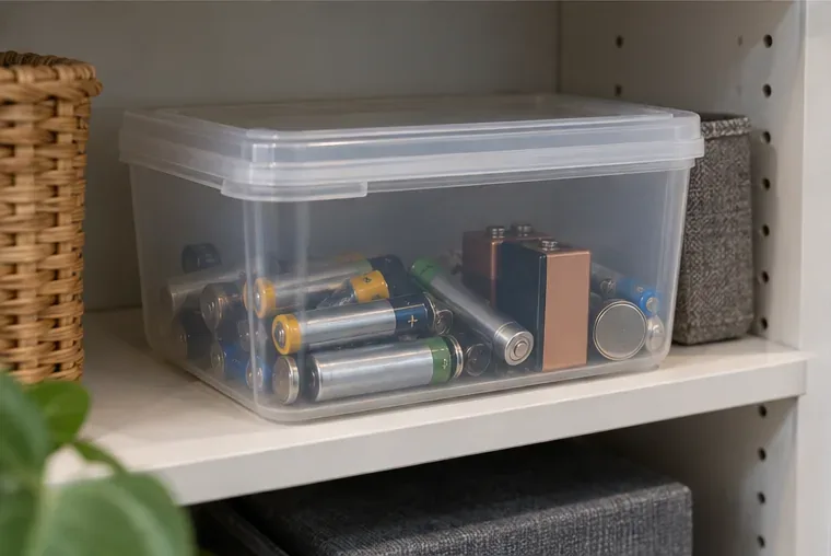 Een afgesloten kunststof doos met gebruikte batterijen staat droog op een plank, apart van ander afval.