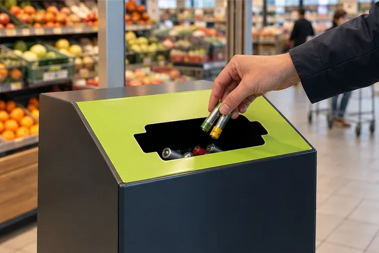 Een bezoeker brengt enkele batterijen naar een inzamelbak voor batterijen in een supermarkt.