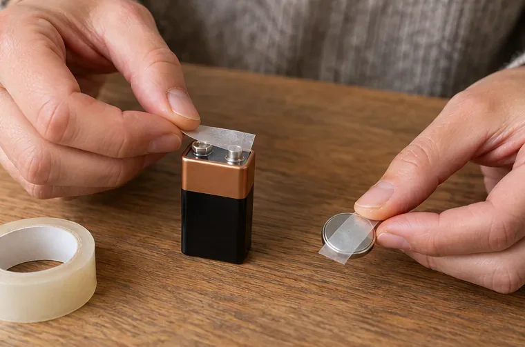 Iemand plakt de polen van een 9V-batterij en een knoopcel af voordat ze worden ingeleverd.