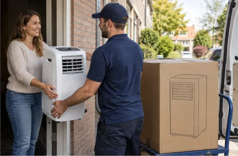 Bewoner draagt een mobiele airco over aan een bezorger bij de voordeur