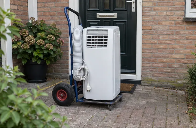 Mobiele airco staat intact op een steekwagen bij een Nederlandse woning, klaar voor vervoer