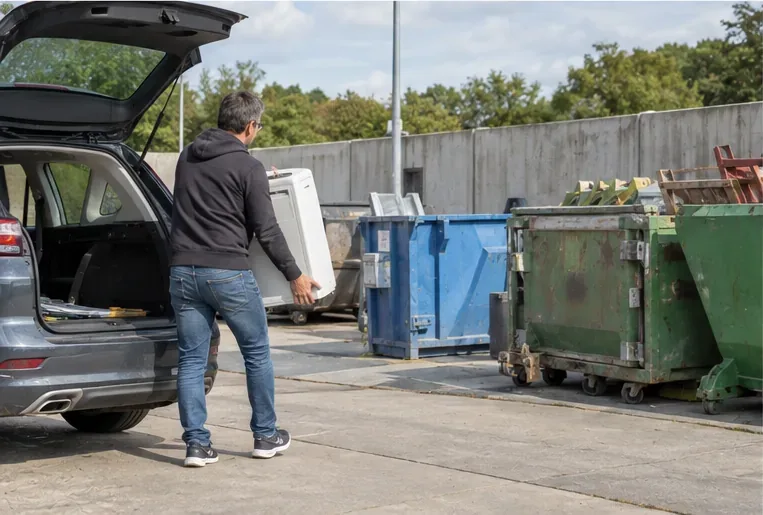 Persoon draagt een mobiele airco vanuit een auto richting gescheiden afvalcontainers op een recyclelocatie