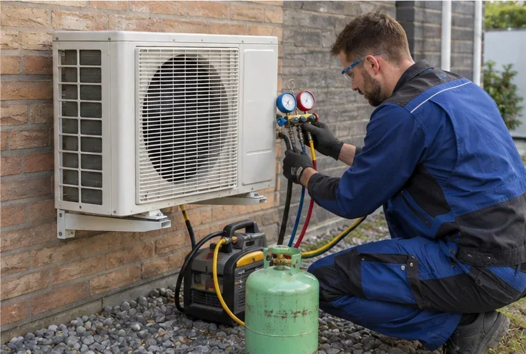 Koeltechnisch monteur werkt met manometers en terugwinningsapparatuur aan de buitenunit van een split-airco